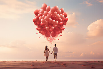 Couple with big heart made of pink balloons ai generated art