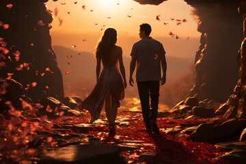 Man and woman walks togehter in sunset ai generated art. 