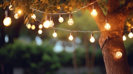 Decorative outdoor string lights hanging on tree Created with AI - obrazy, fototapety, plakaty