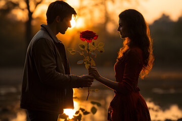 Man gives woman red rose in forest at sunset ai generated art. 
