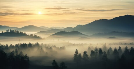 In a foggy realm, lone trees stand sentinel in the landscape,during sunset