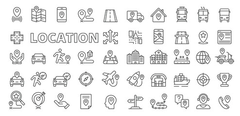 Location icons in line design. Map, destination, place, navigation, point, GPS, distance, destination, navigation, road, way, transport, waypoint, icons isolated on white background vector.