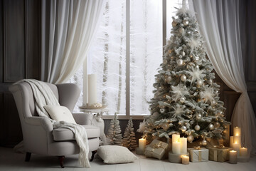 Interior christmas design in living room with Christmas tree decoration, generative ai