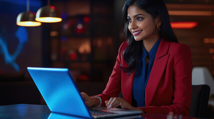 Young businesswoman or corporate employee using laptop at office.