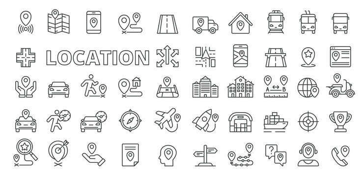 Location icons in line design. Map, destination, place, navigation, point, GPS, distance, destination, navigation, road, way, transport, waypoint, icons isolated on white background vector.
