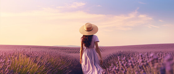 Rear view of a young woman in a white dress and hat walking through a purple lavender field. natural background concept