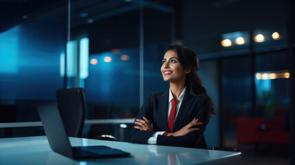 Obraz premium Young businesswoman or corporate employee using laptop at office.