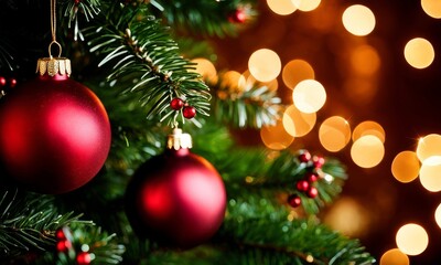 Obraz na płótnie Canvas Christmas Tree With Baubles And Blurred Shiny Lights, Generative AI