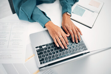 Above, business and hands with typing on laptop, desk and office for career in human resources. Woman, corporate worker and writing on keyboard with pc, technology and internet on cv for job search
