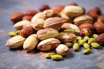 close-up of a handful of crusted pistachios on a stone slab - obrazy, fototapety, plakaty
