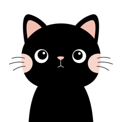 Cat face head silhouette icon. Pink cheeks. Cute sad black kitten. Cartoon funny baby character. Funny kawaii animal. Pet collection. Sticker print. Flat design. White background. Isolated.