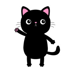 Cat waving hand icon. Funny face head Pink cheeks. Cute sad black kitten. Cartoon baby character. Funny kawaii animal. Pet collection. Sticker print. Flat design. White background. Isolated.
