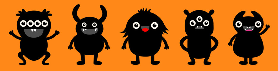 Cute monster set line. Happy Halloween. Black monsters with different emotions. Cartoon kawaii boo character. Funny head face. Childish baby collection. Orange background. Flat design.