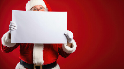 Naklejka premium Santa claus holding blank banner on red background. Xmas shopping sale.