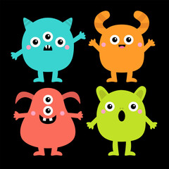 Happy Halloween. Cute monster set. Cartoon kawaii boo baby character. Colorful monsters with different emotions. Hands, legs. Funny face head. Childish collection. Black background. Flat design.