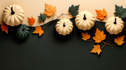Fototapeta premium A bunch of pumpkins and leaves in the style of minimalist. Template for Happy Halloween banner with autumn elements