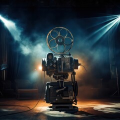 Movie projector in dark room with lights and smoke. Filtered image processed vintage effect. 