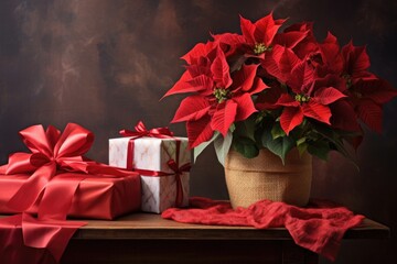poinsettia plant next to wrapped gifts