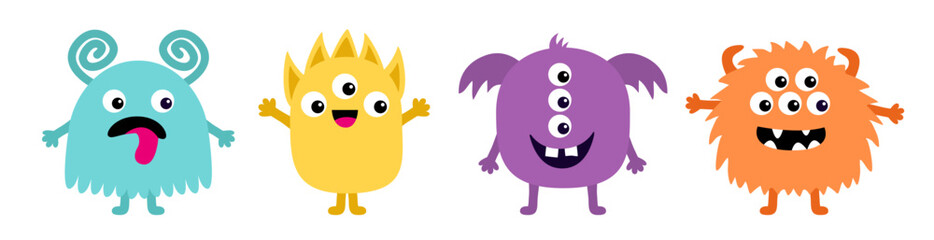 Monster set line banner. Happy Halloween. Colorful monsters with different emotions. Funny smiling face head. Cartoon kawaii boo childish baby character. Flat design. Black background.
