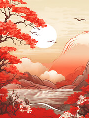 Abstract red illustration background nature landscape of china 