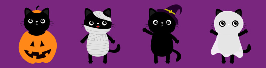 Black cat wearing mummy mum, witch hat, pumpkin, ghost spirit monster costume. Kitten set line. Happy Halloween. Cute cartoon spooky funny character. Greeting card. Flat design. Violet background.