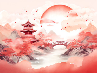 Red watercolor illustration of china nature landscape, abstract background
