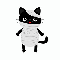 Black cat kitten wearing mummy monster costume. Happy Halloween. Funny face. Cute cartoon spooky baby character. Mum head. Greeting card. Flat design. White background. Isolated.