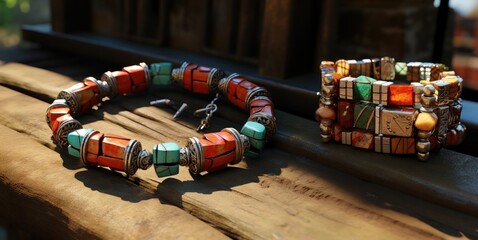 Colorful bracelets on wooden table. Beads for sale.  Colorful bracelets on wooden table, closeup. Boho style. 