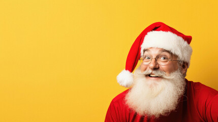 Middle age senior man wearing santa christmas hat isolated yellow background, happy smile face. - obrazy, fototapety, plakaty
