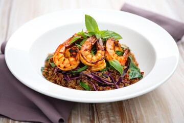 quinoa salad with grilled prawns served in a white dish