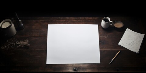 Blank white paper with pen and coffee cup on wooden table.  