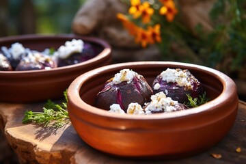 roasted beets with a dollop of goat cheese, served in a clay dish
