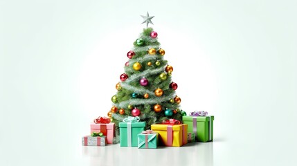 Naklejka na ściany i meble Merry Christmas, Green christmas tree and gift, Generative ai.