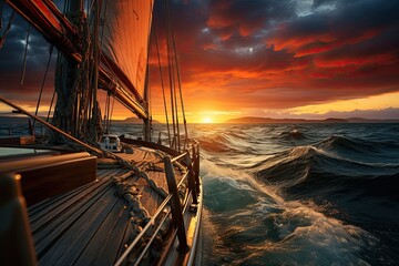 Sailing yacht at sunset in the sea. 3D Rendering.  - obrazy, fototapety, plakaty
