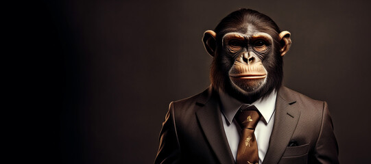 monkey in a business suit beige background. generative ai.