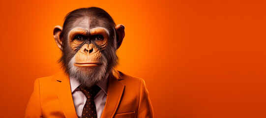 monkey in a business suit orange background. generative ai.