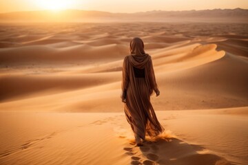 Fototapeta na wymiar Arabic woman walking on sand dunes at sunset