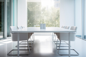 Front view of a modern white meeting room interior design with a large white meeting table