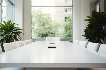 Front view of a modern white meeting room interior design with a large white meeting table