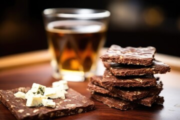 rye cracker on foreground with feta cheese cubes in background