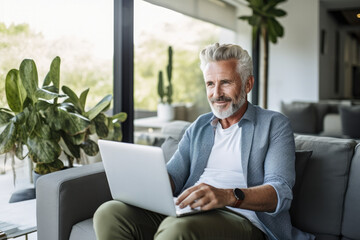 Fototapeta premium Portrait of a relaxed senior man smiling while using his laptop at home. Modern lifestyle of the elderly people. 