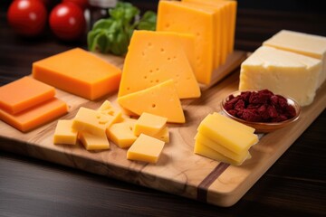 tiles of cheddar cheese, gouda, and swiss on a wooden block