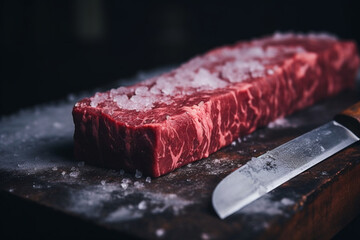 frozen beef and knife on cutting board - obrazy, fototapety, plakaty