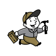 running handyman holding a hammer.