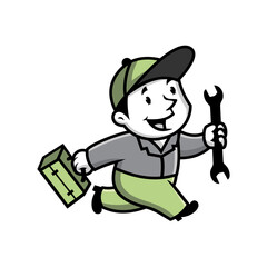 running handyman holding a double wrench.