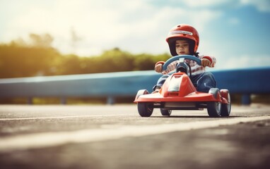 Naklejka premium Young boy kid participating in a competitive race. He's behind the wheel of his racer car, speeding down a steep hill with determination and a thrill for speed