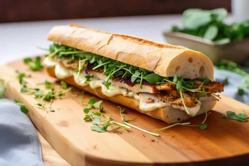 Fotobehang sandwich with microgreens, chicken, and mayo on a fresh baguette © Alfazet Chronicles