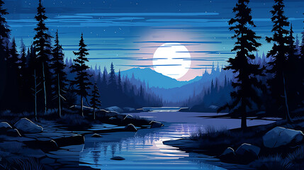 A calming night scene with a full moon rising over a mountain range, that promotes peace and relaxation