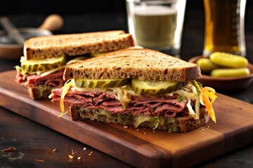 homemade reuben sandwich with corned beef and pickles - obrazy, fototapety, plakaty