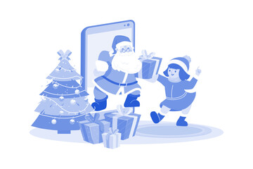 Santa claus gives chirstmas gift for kids by online mobile